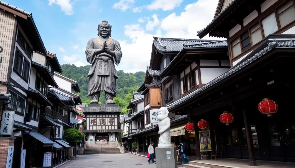 Image of Shibamata district with traditional Japanese architecture and Tora-san statue