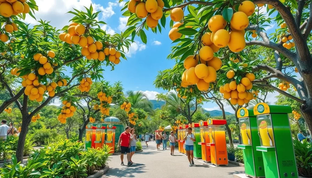 Image of Shikuwasa Park in Ogimi Village with shikuwasa fruits and juice dispensers