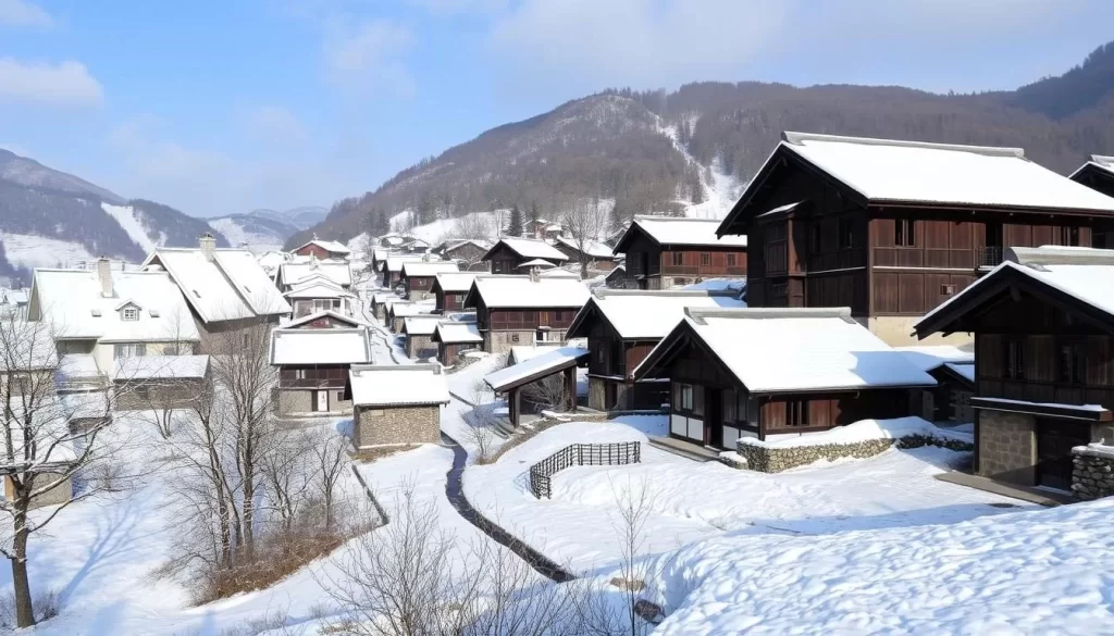 Image of Shirakawa-go village with traditional gassho-zukuri farmhouses under snowfall