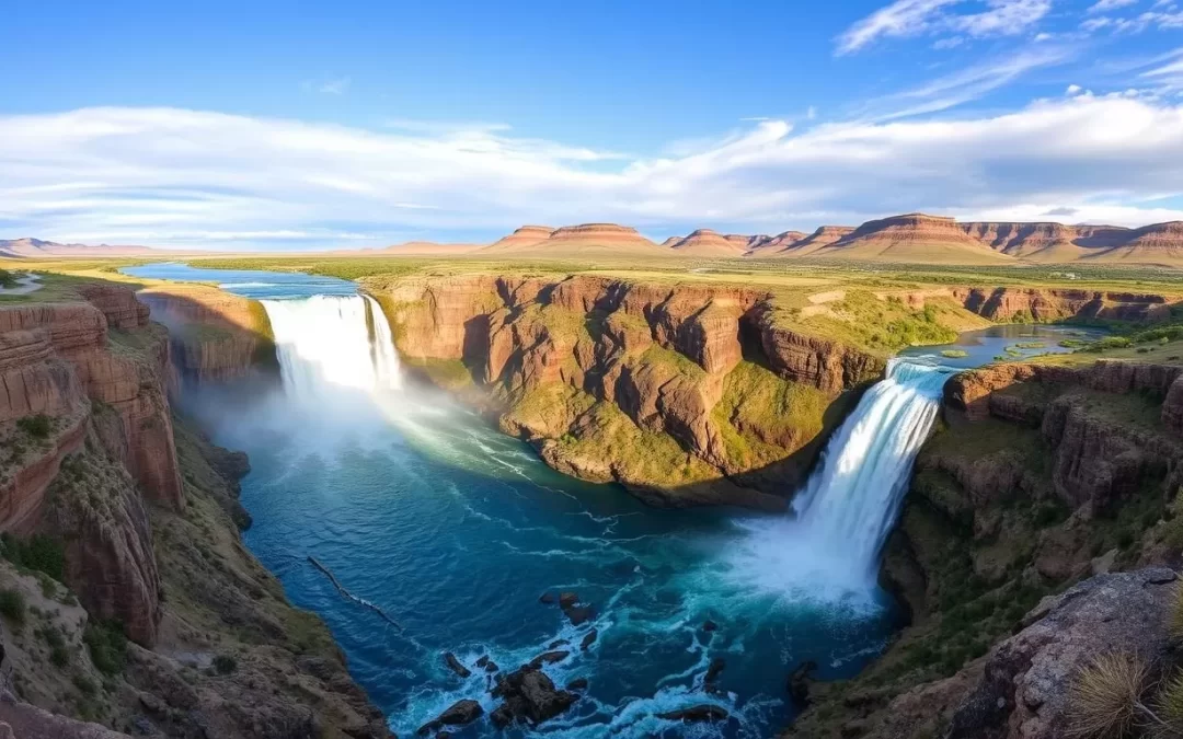 Image of Shoshone Falls with a wide-angle lens capturing its 900-foot width and the surrounding landscape.