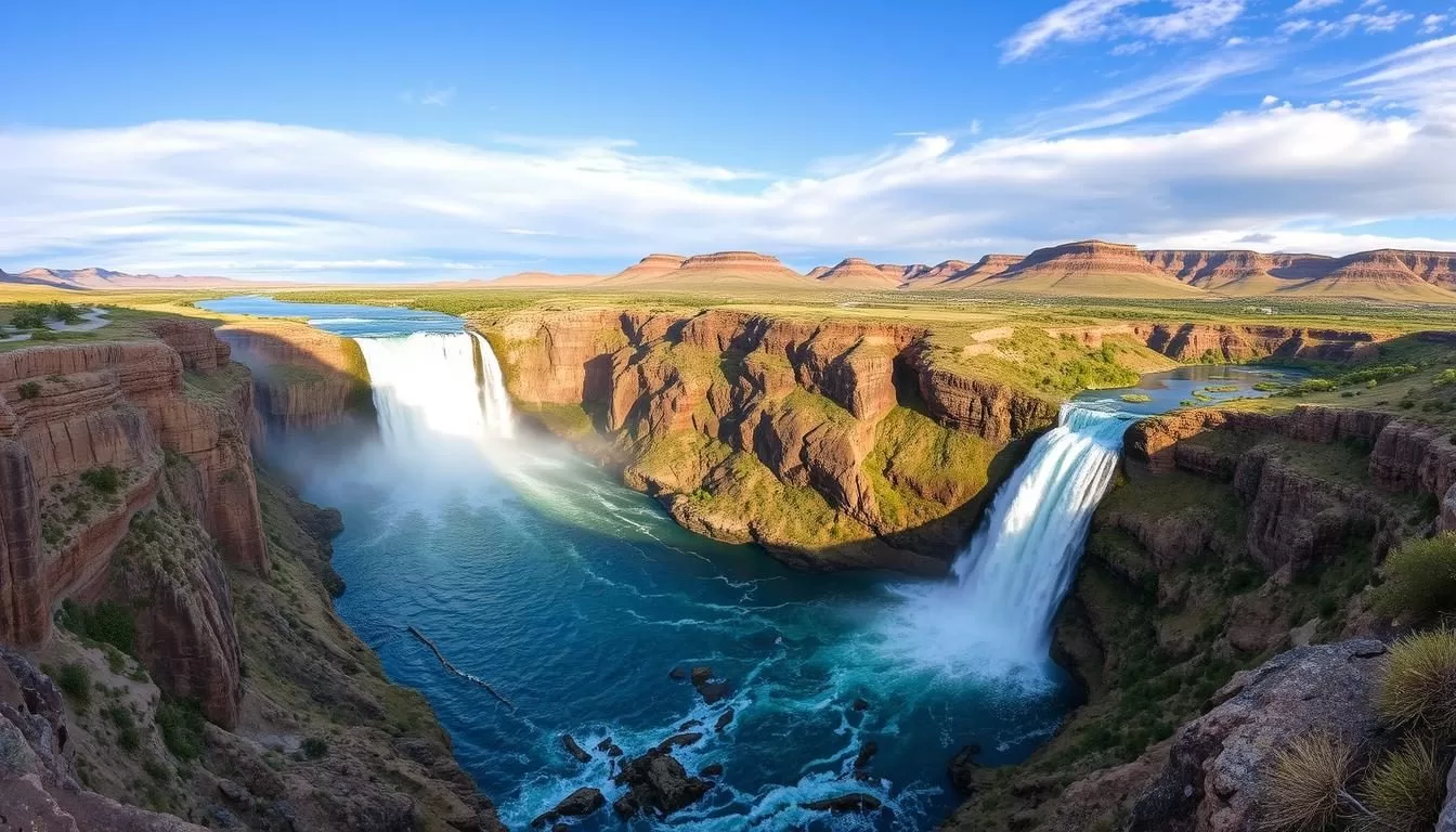 Image of Shoshone Falls with a wide-angle lens capturing its 900-foot width and the surrounding landscape.