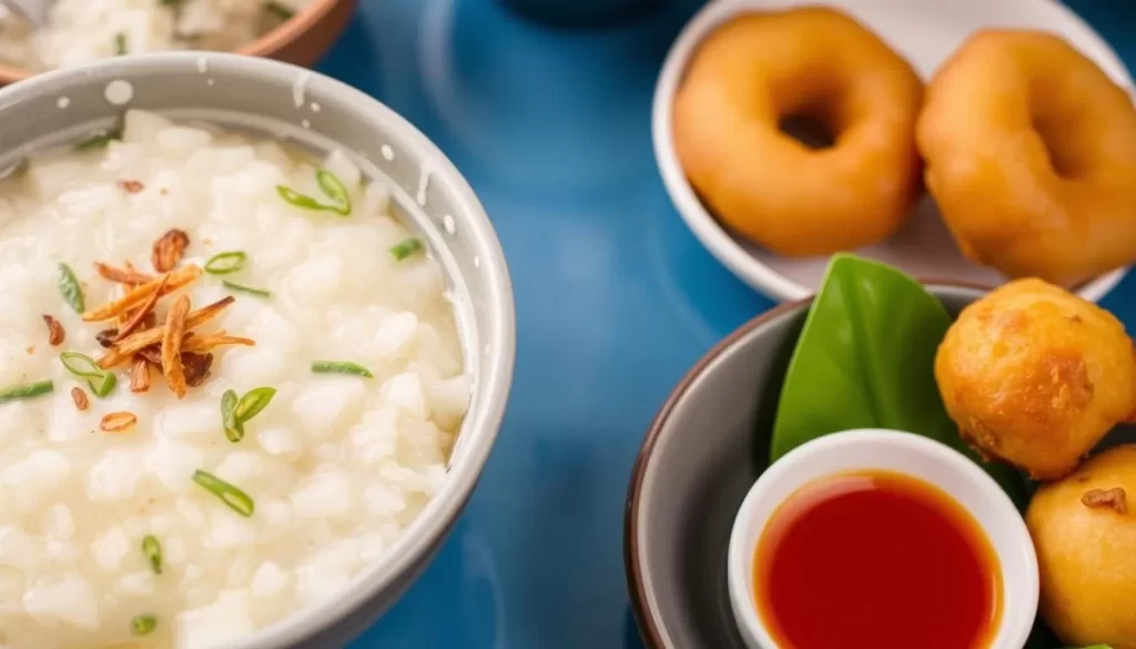 Image of Siam Sunset's traditional Thai breakfast dishes, including rice porridge and Chinese doughnuts.