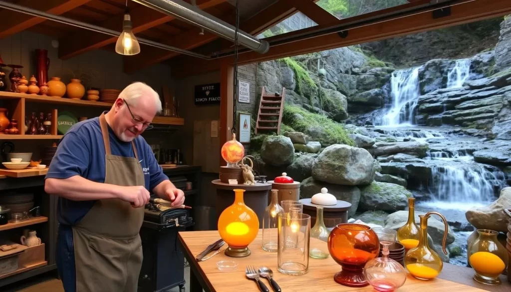 Image of Simon Pearce Glassblowing Studio in Quechee Village, Vermont, with artisans working on glass pieces and a waterfall in the background.