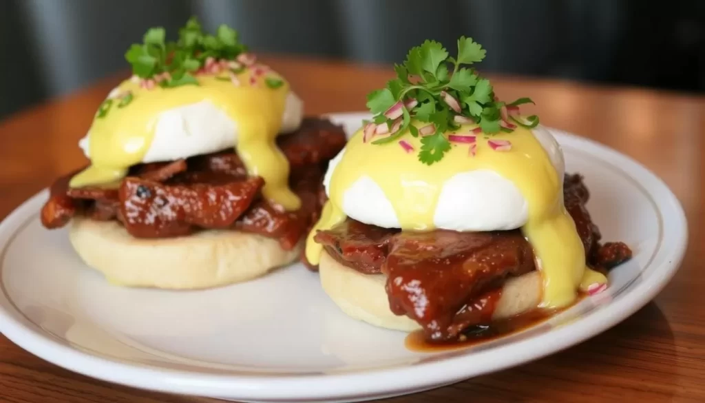 Image of Skye Cafe & Bistro's Slow Braised Beef Short-ribs Benedict, beautifully plated.