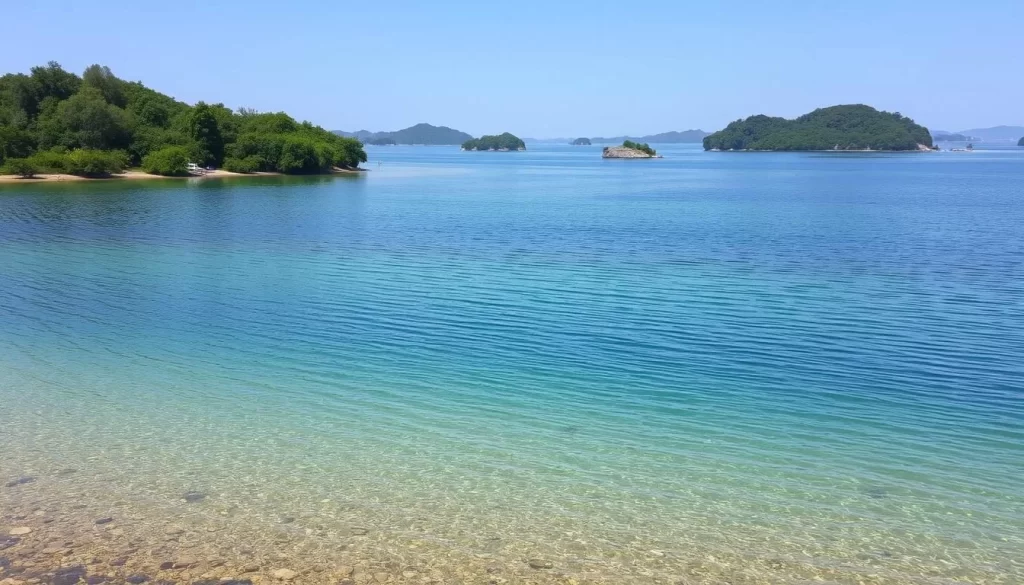 Image of Southern Indian Lake's pristine shoreline with crystal-clear waters and numerous islands.