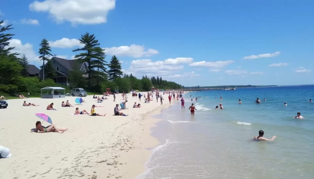 Image of St. Malo Provincial Park beach on a sunny day with people enjoying various activities