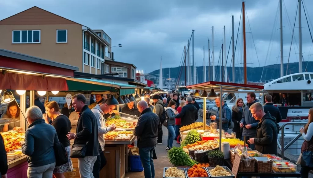 Image of Stavanger's harbor filled with food stalls and people enjoying local cuisine