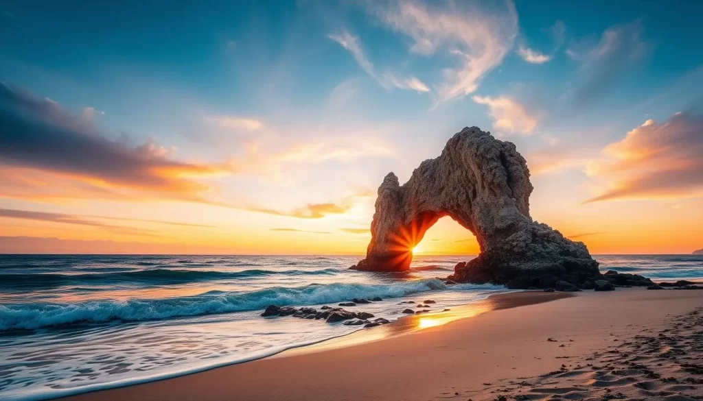 Image of Sunayama Beach with its iconic rock arch