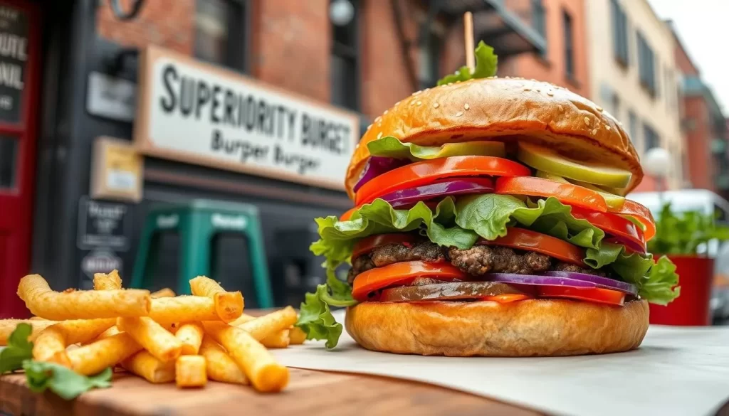 Image of Superiority Burger's signature vegetarian burger in the East Village