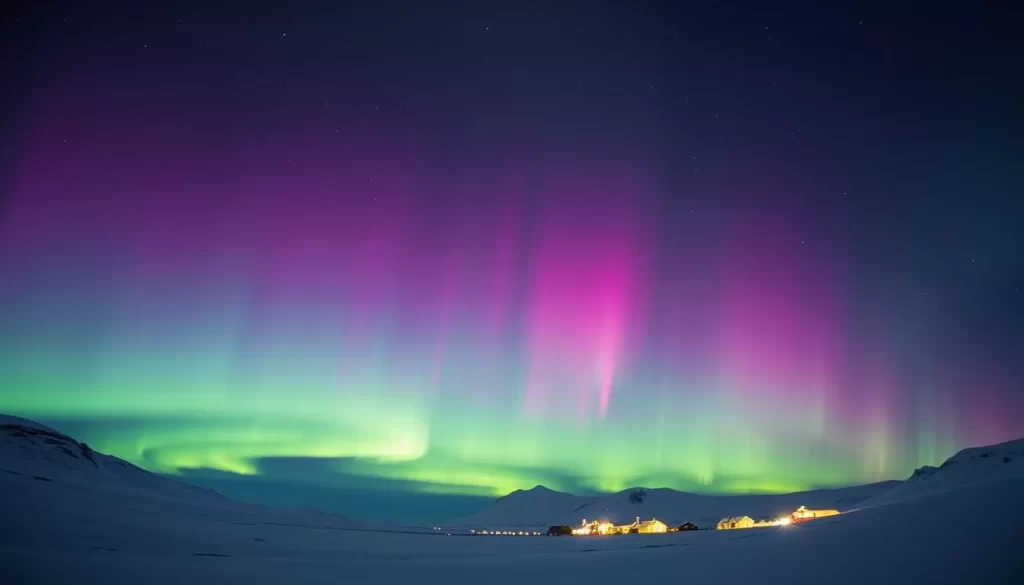 Image of Svalbard under the Northern Lights during polar night
