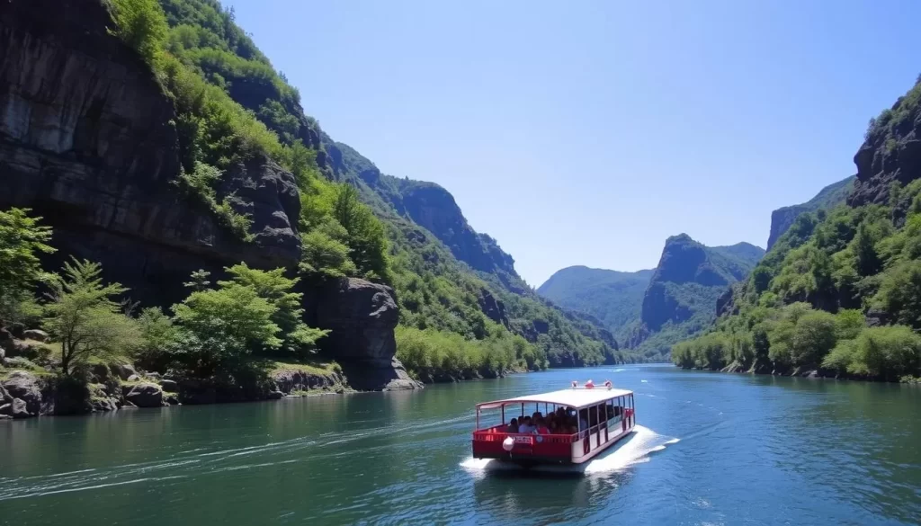 Image of Takachiho Gorge with a paddle boat gliding along the Gokase River