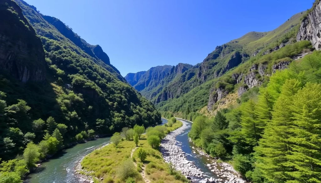 Image of Takachiho Gorge with a serene river flowing through it, surrounded by lush greenery and towering cliffs.
