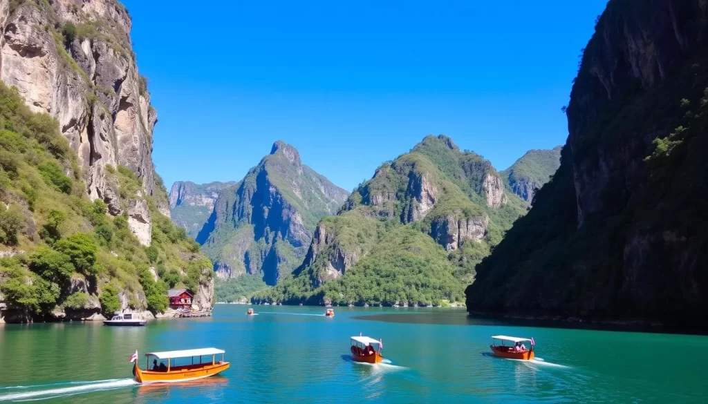 Image of Takachiho Gorge with rowboats on the emerald water beneath towering cliffs