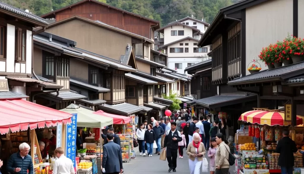 Image of Takayama's Old Town with its traditional merchant houses and lively morning market