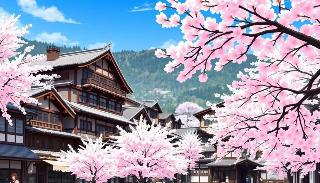 Image of Takayama's historic district during cherry blossom season
