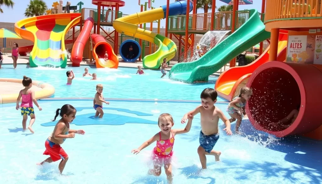Image of The Atlas Hotel's Soaked! Waterpark with kids playing on the waterslides and splash pad.