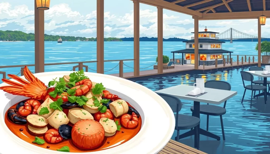 Image of The Boathouse's waterfront dining area with a dish of fresh seafood
