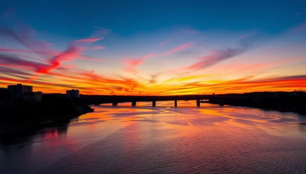 Image of The Forks at sunset with the Red and Assiniboine Rivers in view