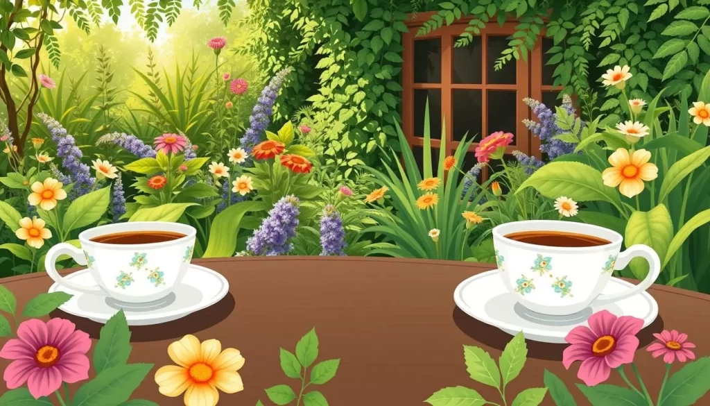 Image of The Garden Café's serene garden setting with coffee cups