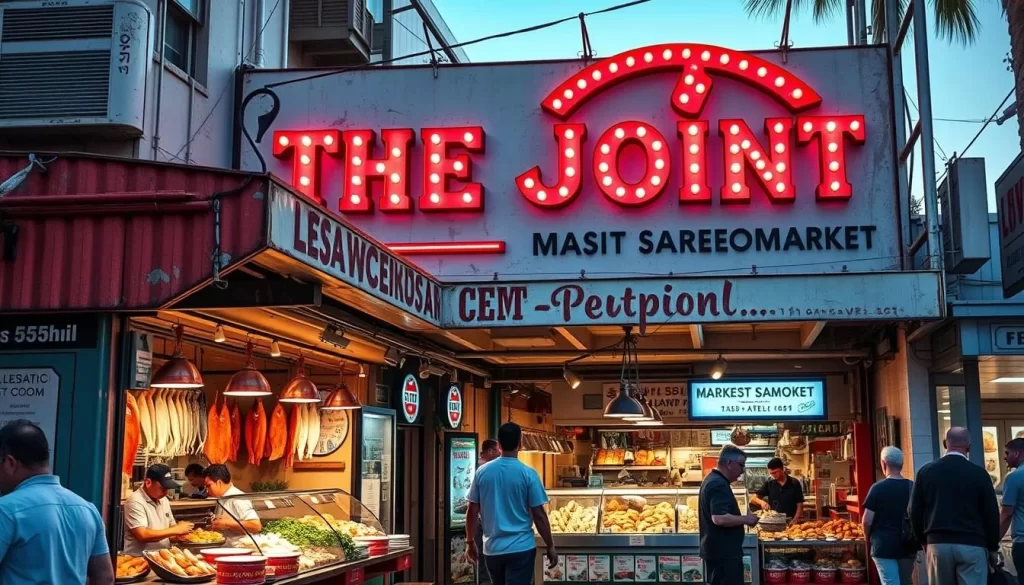 Image of The Joint seafood market in Los Angeles with a signboard listing fresh catches