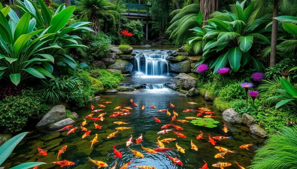 Image of The Leaf at Assiniboine Park's tropical biome with waterfall and Koi Fish river