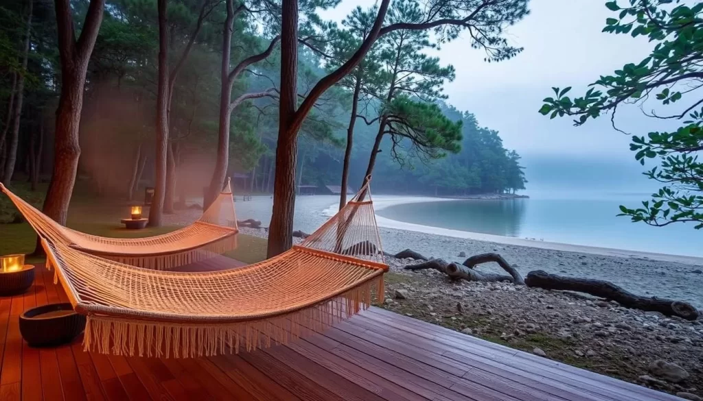 Image of Thermëa by Nordik Spa-Nature's serene relaxation area with heated hammocks and a forested beach.