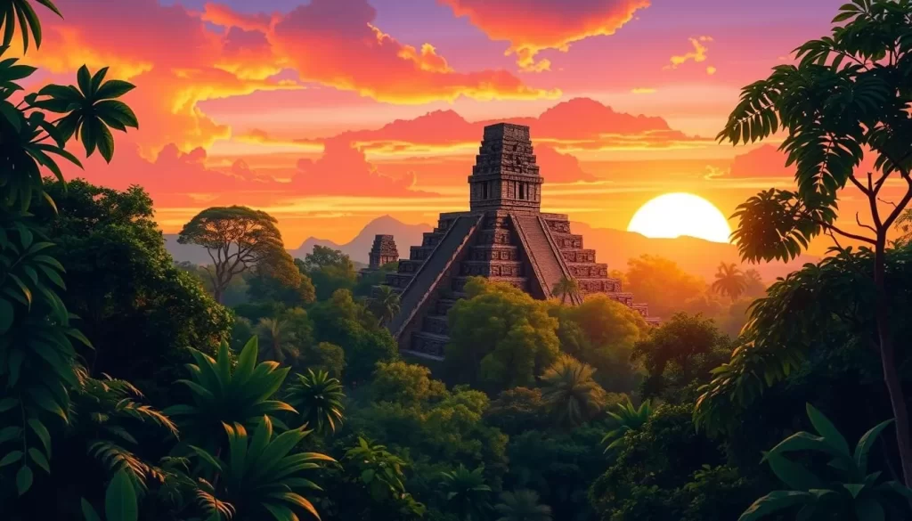 Image of Tikal at sunrise with Temple IV in the background
