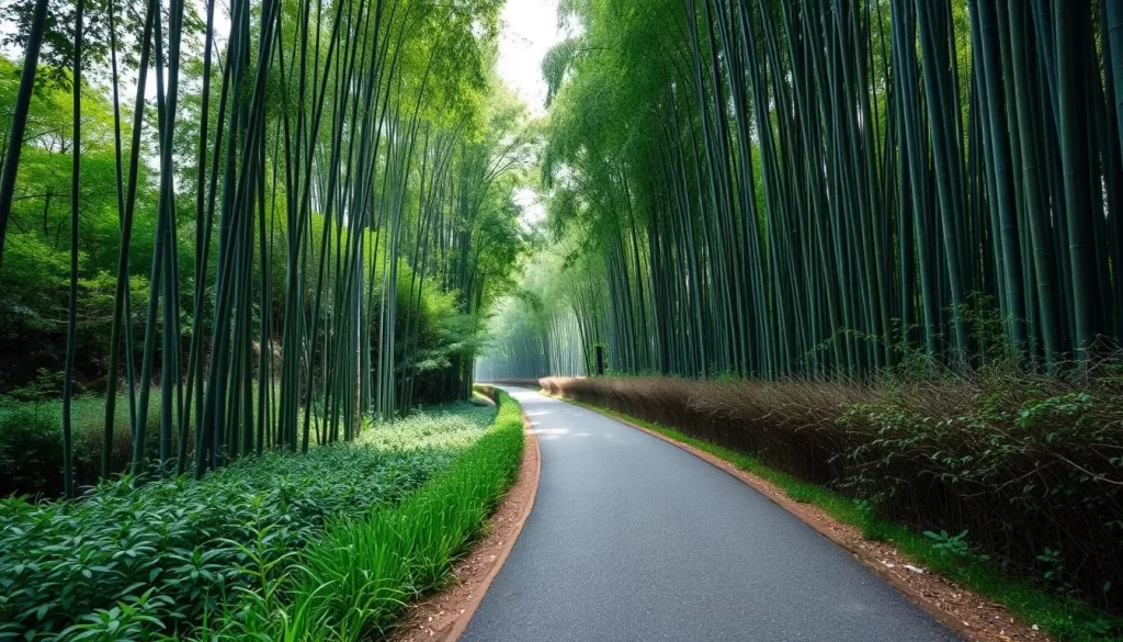 Image of Todoroki Valley's serene pathway surrounded by lush greenery and bamboo trees.