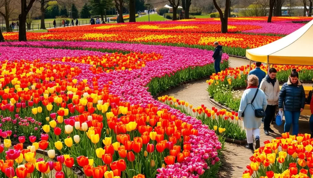 Image of Tonami Tulip Festival with vibrant tulips and visitors enjoying the colorful display.