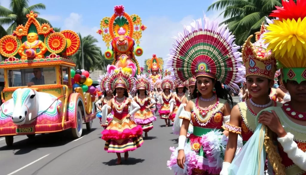 Image of Tono Festival parade with floats and traditional dancers
