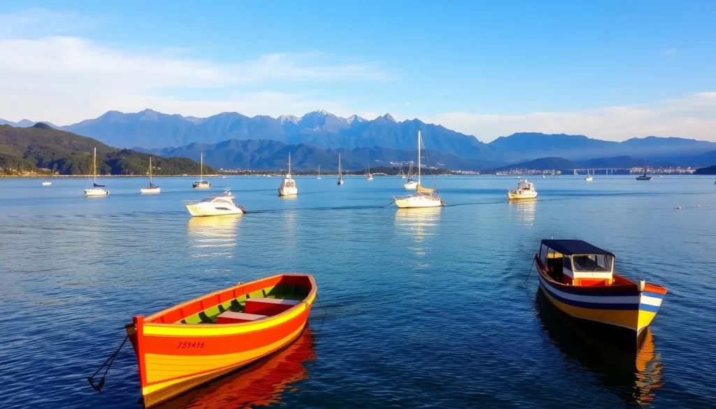 Image of Toyama Bay with boats and surrounding mountains