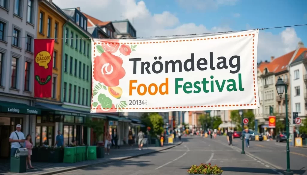 Image of Trondheim's cityscape with a banner indicating the Trøndelag Food Festival