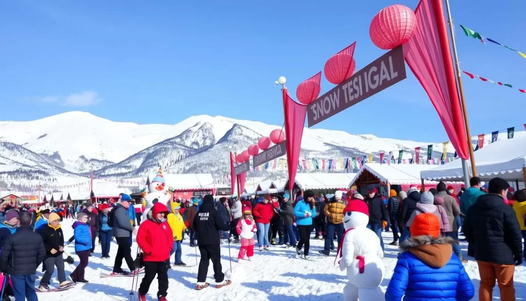 Image of Tsunan Snow Festival with snow-covered mountains and people enjoying snow activities