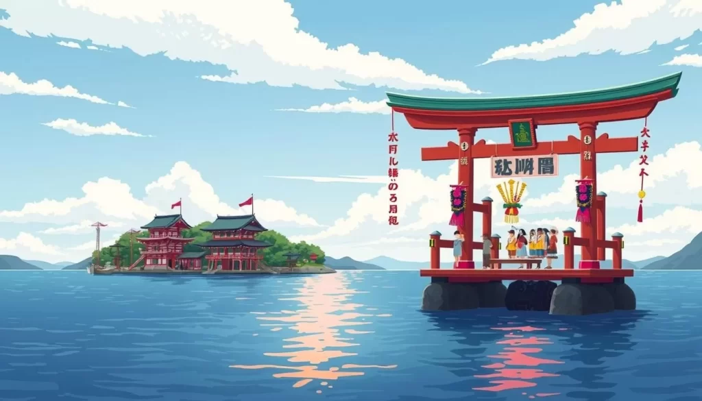Image of Tsushima Shrine Festival on a serene island with vibrant festival decorations