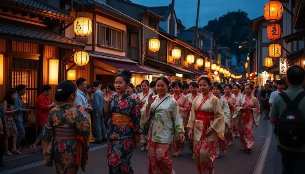 Image of Tsuwano's Obon Dance participants in traditional yukata dancing through the historic streets under lantern light.