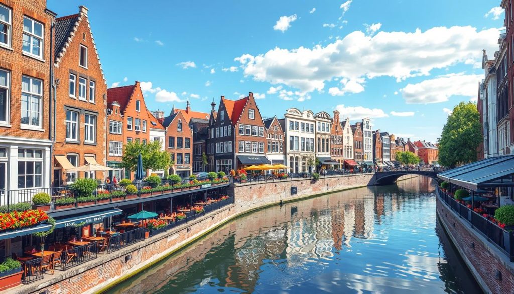 Image of Utrecht's unique split-level canals with terraces and restaurants.
