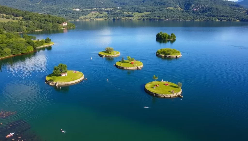 Image of Vlasina Lake with floating islands and people swimming