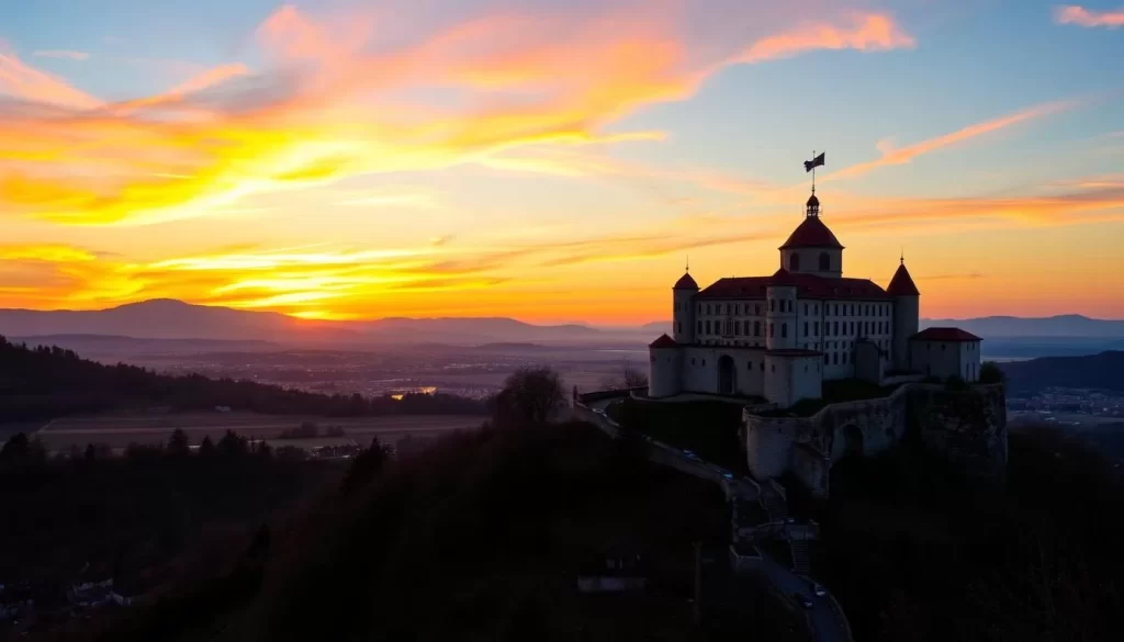 Image of Vrsac Castle on Vrsac Hill at sunset