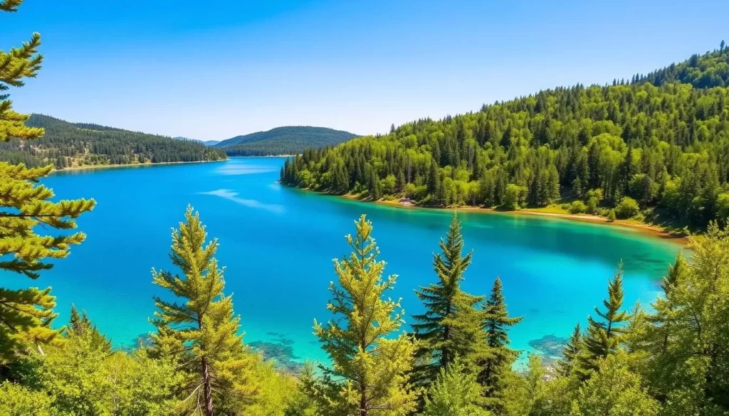 Image of West Hawk Lake with clear blue water surrounded by lush greenery