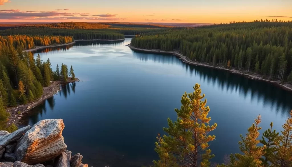 Image of Whiteshell Provincial Park's serene landscape with a lake and surrounding forest