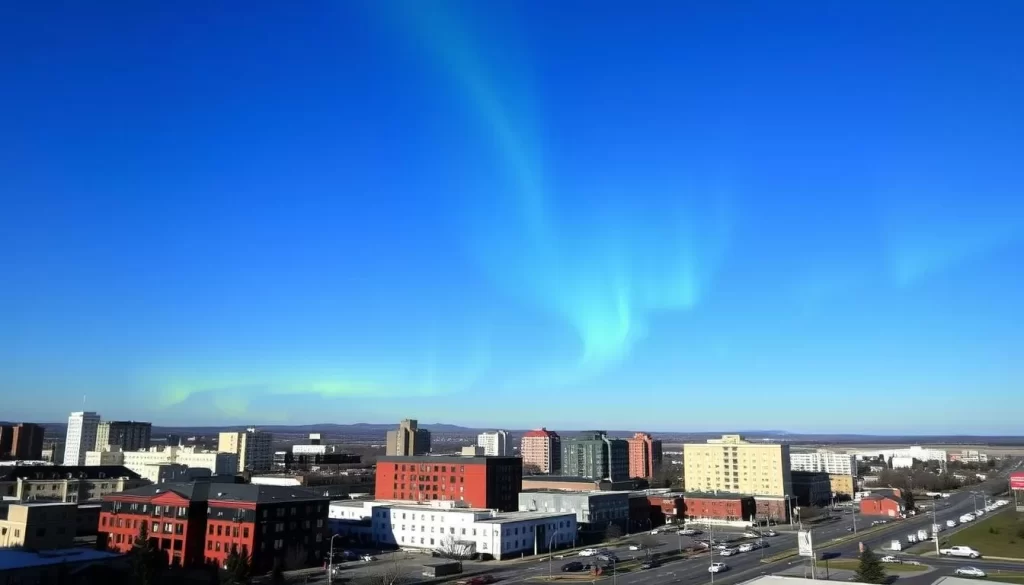 Image of Yellowknife cityscape with various hotels and accommodations