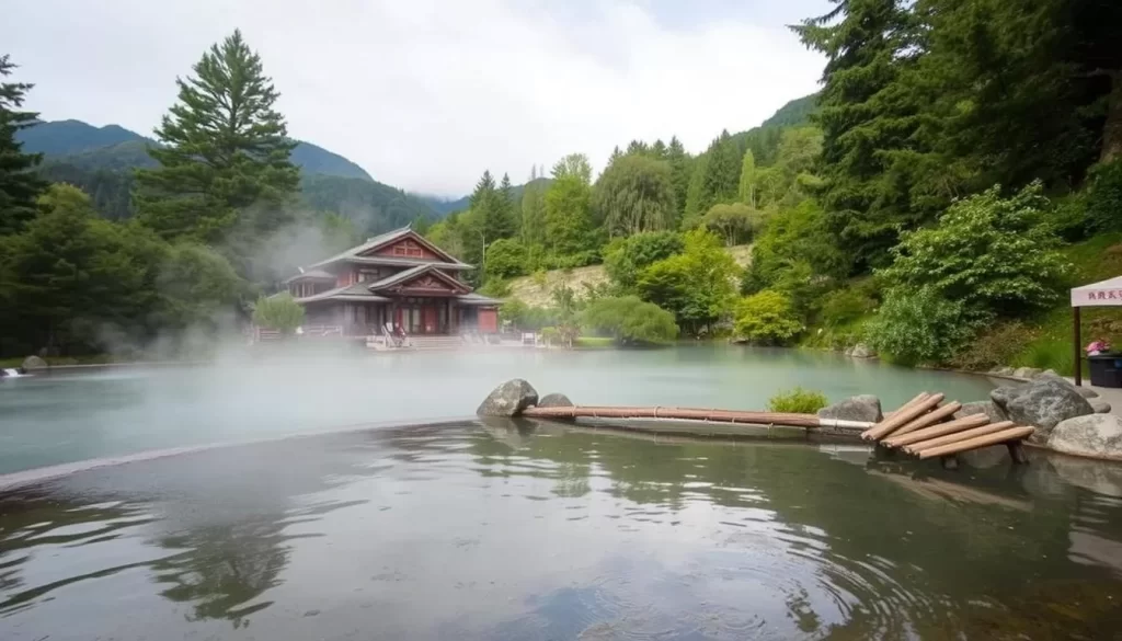Image of Yuda Onsen hot springs with traditional ryokan in the background
