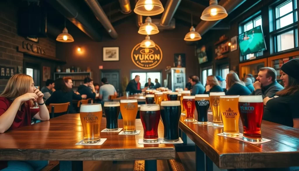 Image of Yukon Brewing's tasting room with a variety of beers and a friendly atmosphere.