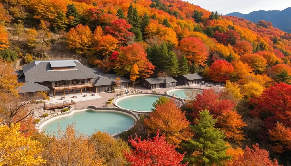 Image of Yunogo Onsen hot springs surrounded by autumn foliage