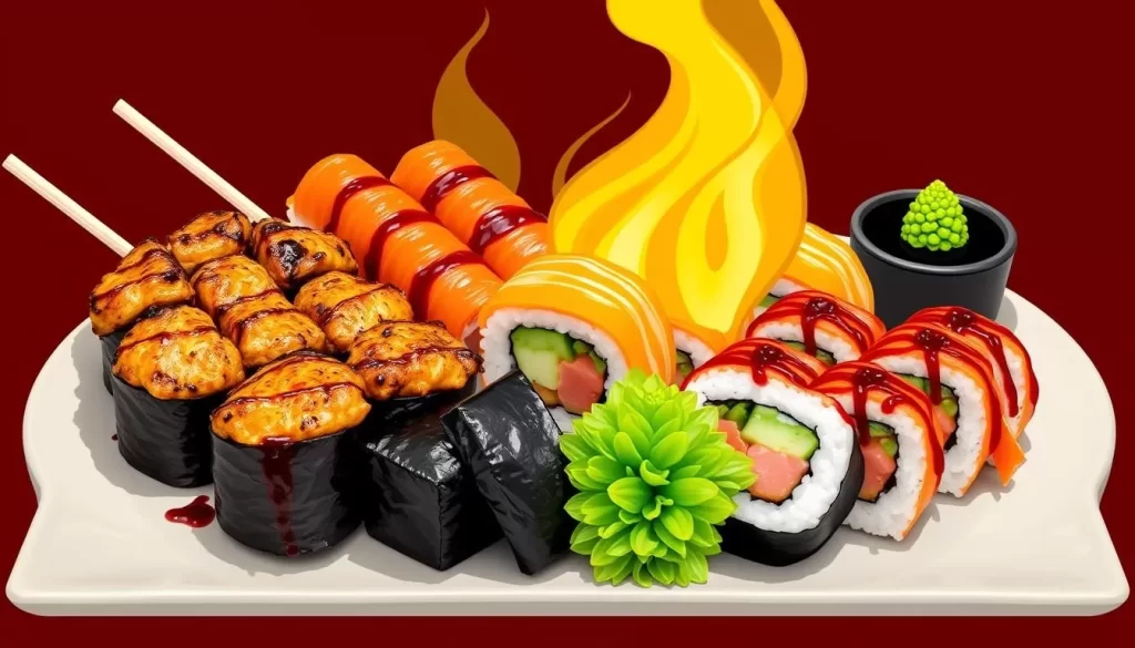 Image of Yuzu Sushi and Robata Grill's robata-grilled skewers and sushi rolls