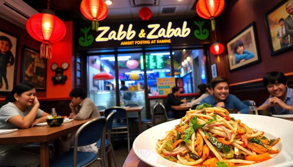 Image of Zaab Zaab Thai restaurant in Elmhurst, Queens, with a vibrant atmosphere and a dish of spicy Thai salad.