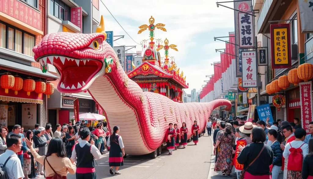 Image of a 108-meter-long snake-shaped portable shrine being carried through the streets during the Oigami Onsen Daija Festival