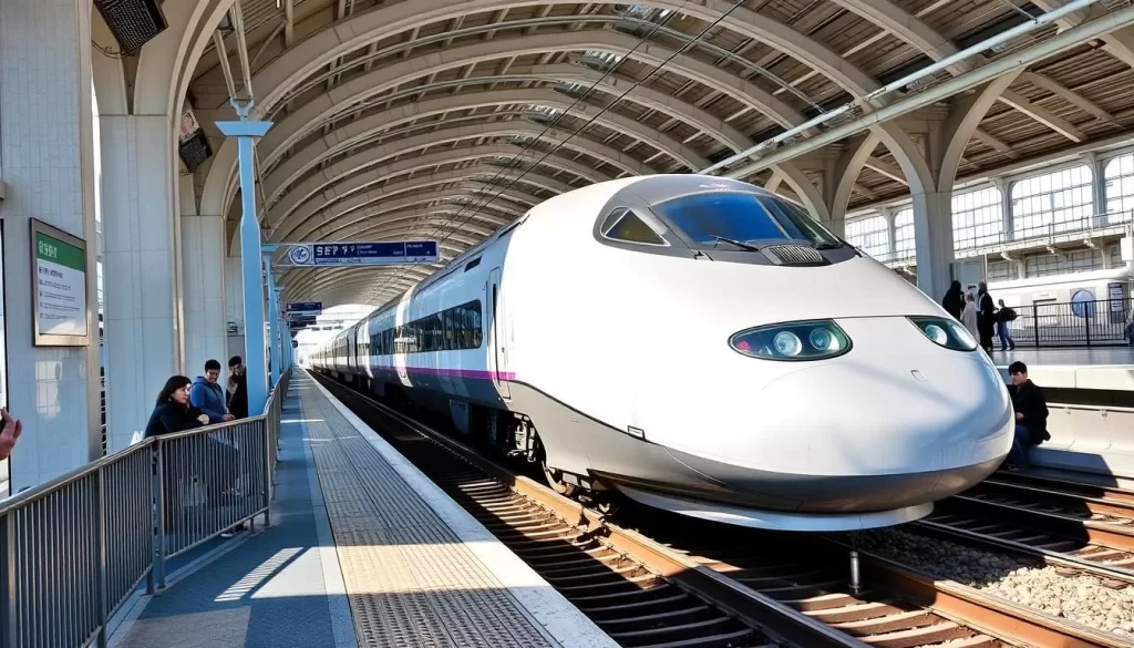 Image of a Shinkansen train arriving at Okayama Station