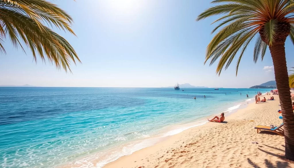Image of a Turkish beach with clear blue waters and sunbathers
