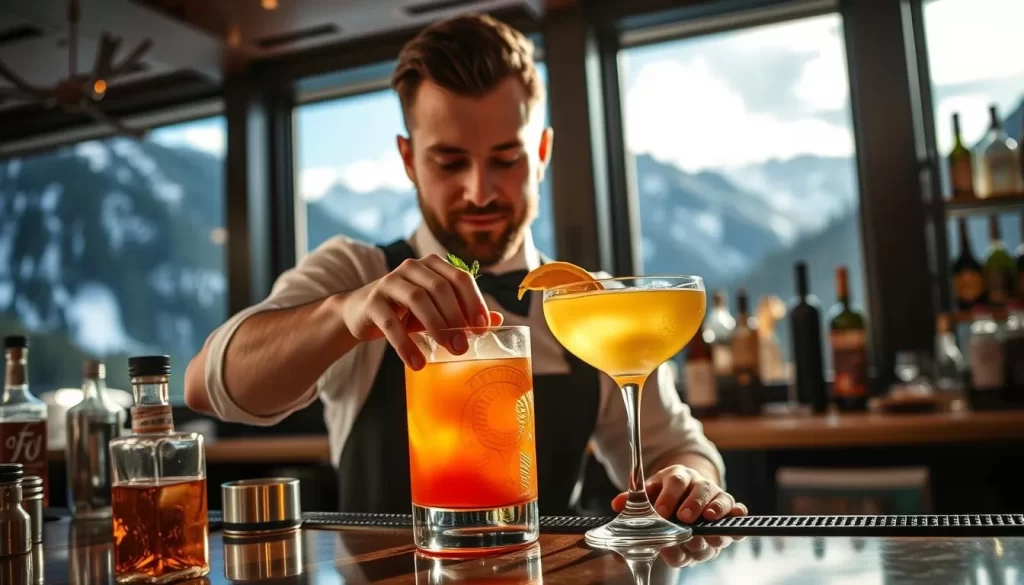 Image of a bartender crafting a signature cocktail in Banff
